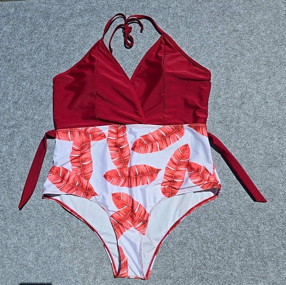 Shein Red and White Floral Swimsuit XXL
